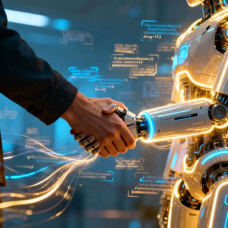 Human and AI robot collaborating